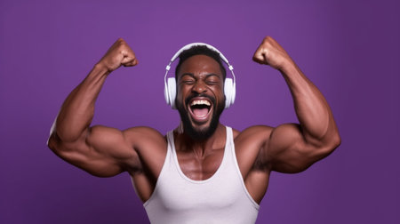 Isolated shot of happy triumphing millennial man raises clenched fists celebrates victory screams with joy wears basic black t shirt uses stereo headphones for entertainm : Generative AIの素材
