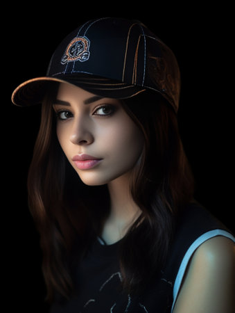 Isolated shot of fashionable pretty female teenager looks aside with dreamy expression shows tongue wears trendy black cap and overalls contemplates about someting pleasa : Generative AIの素材