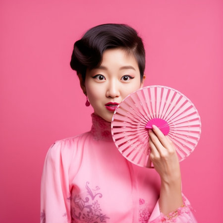 Good looking brunette Asian woman licks lips as holds appetizing sweet candy floss dressed in fashionable formal outfit isolated over pink background Teenage girl with de : Generative AIの素材