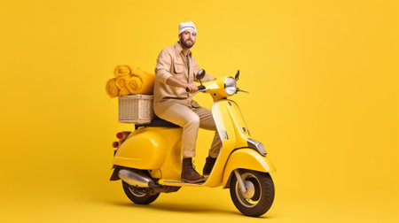 Impressed driver covers distance on yellow motorbike wears helmet indicates with great wonder aside stops on road demonstrates blank space for your advertising content tr : Generative AIの素材