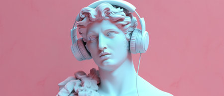 Motivated sporty woman has combed hair does toga stretching with arms crossed behind back leads healthy lifestyle wears black top listens music via stereo headphones isol : Generative AIの素材