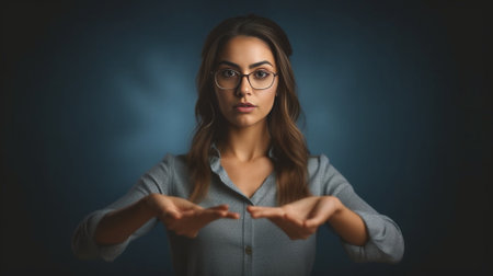 Horizontal shot of hesitant puzzled beautiful European woman crosses hands over chest points both fore fingers at different corners being unaware to choose something betw : Generative AIの素材