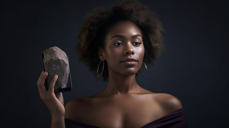 Pensive dark skinned woman keeps finger on temple looks aside thoughtfully uses new gadget for first time dressed casually tries to remember name of product before browsi : Generative AIの素材