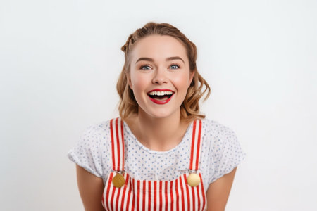 Funny charming young Caucasian housewife wearing yellow headband green rubber gloves and striped apron holding sponges at her face having dreamy thoughtul look and smilin : Generative AIの素材