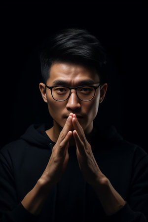 Indoor shot of hipster guy in round spectacles keeps fingers on temples tries to concentrate and find right solution or way out in difficult situation isolated over white : Generative AIの素材