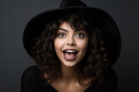 Goodlooking brunette woman in black hat holding her hand under chin and on hat having magic sincere smile being happy to recieve proposal from her boyfriend Positive emot : Generative AIの素材