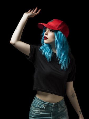 Fashion clothing and design concept Studio shot of fashionable Caucasian girl in stylish hat and ragged blue jeans looking down and pointing index finger at copy space on : Generative AIの素材
