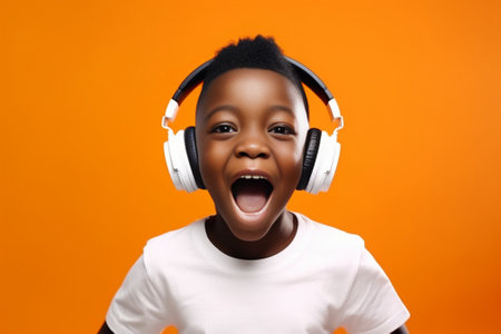 Photo of African American mad male child shouts loudly and plugs ears hears irritated sound has displeased expression isolated over pink background Mixed race teenager wi : Generative AIの素材