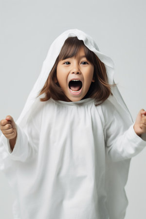 Funny positive girl wears lampshade on head ghost costume poses near halloween mummy pose indoor like scary holiday pose against orange background prepare for festival Au : Generative AIの素材