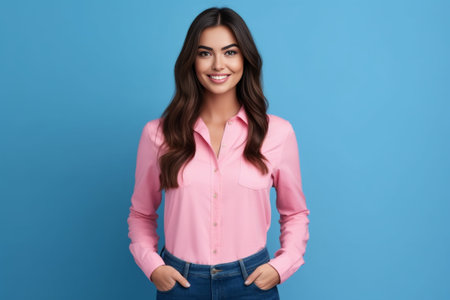 Satisfied young female with positive expression attracts your attention at copy space aside demonstrates some items in shop dressed in casual shirt has dark straight hair : Generative AIの素材