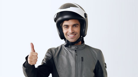 People transport and advertisement concept Cheerful young European male motorcyclist points thumb away dressed casually poses on own motorbike glad to show copy space for : Generative AIの素材