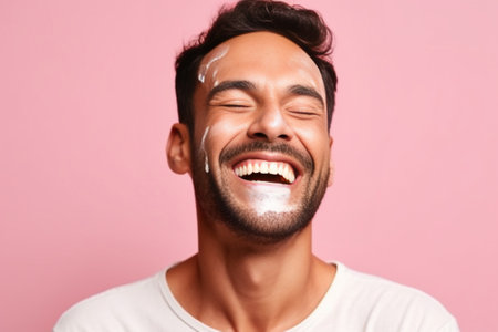 Joyful delighted man has clay mask on face enjoys spa treatments has broad smile being in high spirit cares about beauty wears white t shirt isolated on pink wall Skin ca : Generative AIの素材