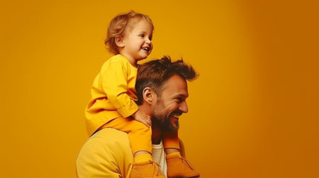 Isolated shot of happy father with ginger beard yellow t shirt carries small daughter recieves hug with love spend free time together in family circle express positive em : Generative AIの素材