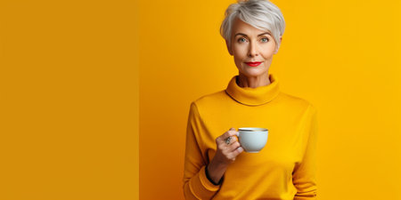 Photo of serious senior woman enjoys drinking coffee at home looks away with thoughtful expression rests at home and daydreams poses on chair against yellow backgroud Peo : Generative AIの素材