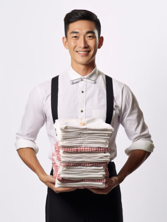 Photo of serious displeased male restaurant worker keeps hand on rim of glasses looks scrupulously at camera wears white uniform dirty with jam stands near big stack of t : Generative AIの素材