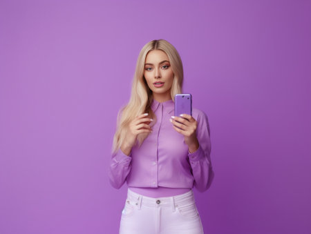 Pleased female friends watch something interesting on mobile phone have happy relaxed expressions focused in device enjoy using modern technologies isolated over purple w : Generative AIの素材