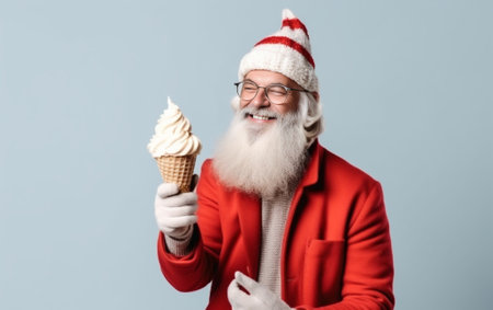 Merry Christmas and Happy New Year Attractive young bearded man wearing red hat with white fur relaxing indoors pretending to be Santa Claus laughing and opening his mout : Generative AIの素材