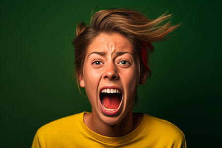 Indoor shot of shocked curly haired young woman stares impressed keeps mouth wide opened has bugged eyes wears casual black t shirt isolated over vivid red background Hum : Generative AIの素材