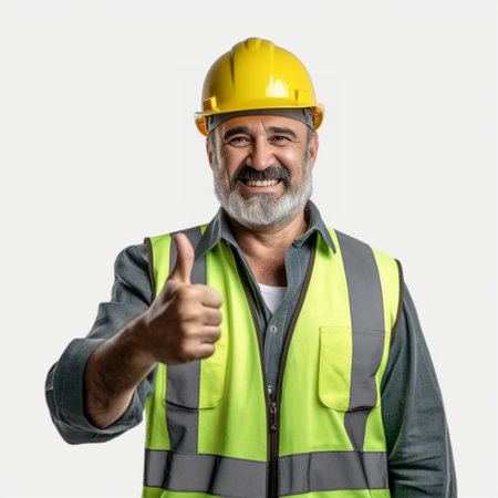 Image of pleased smiling farmer keeps hands on chest expresses good attitude has dark hair combed in plait wears headgear and dungarees models against white background wi : Generative AIの素材