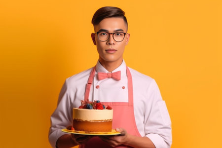Indoor shot of male cook looks with displeased sullen expression holds rolling pin feels tired after cooking at kitchen poses against pink background prepares homemade fo : Generative AIの素材