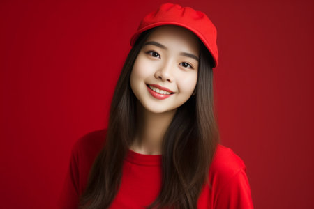 Horizontal shot of glad Asian girl keeps index finger on cheek looks happily at camera has rouge cheeks wears red beret and green velvet sweatshirt stands over yellow bac : Generative AIの素材