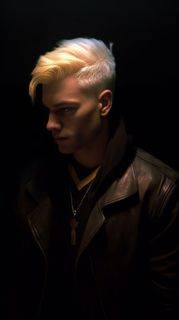 Optimistic teenager with makeup short yellow hair wears black leather vest and jumper looks aside poses indoor blank copy space for your advertisement listens funny podca : Generative AIの素材