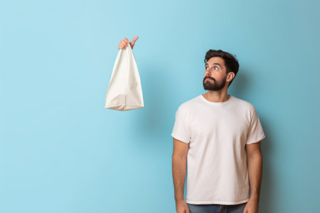 Photo of clueless unshaven man has uncertain look frowns face focused upwards carries sponge and cleaning product thinks what to clean first stands over pink studio wall  : Generative AIの素材
