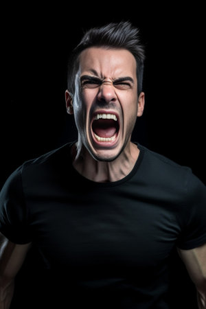 Outraged young man yells angrily keeps mouth opened raises hands being very emotional has quarrel with someone wears black t shirt isolated over white background Negative : Generative AIの素材