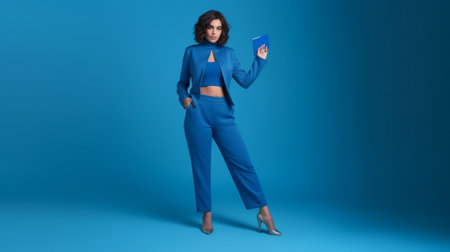 Pretty curly woman chills at party dances happily keeps hands raised with shoes spends time in night club takes off high heel shoes poses against blue wall Monochrome sho : Generative AIの素材