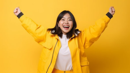 Positive carefree woman raises arms up dances carefree from joy wears round transparent glasses and jumper smiles gladfully keeps eyes closed isolated over vivid yellow b : Generative AIの素材