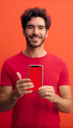 Indoor shot of optimistic Caucasian man downloads new app for listening music on mobile phone smiles at camera types message dressed in red t shirt has happy excited look : Generative AIの素材