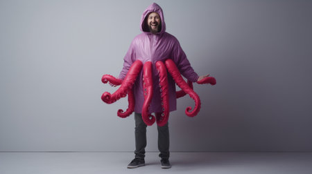 Style and fashion concept Studio shot of attractive redhaired young male European model wearing stylish clothes putting on hood of his trendy raincoat posing isolated aga : Generative AIの素材