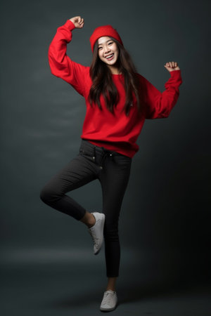 Indoor shot of stylish young woman model wearing fashionable red winter coat black hat and ragged jeans having fun lifting her hands up while posing isolated against grey : Generative AIの素材