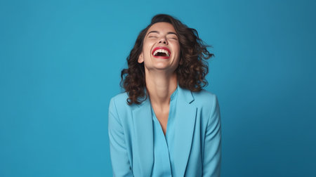 Playful positive woman has curly hair covers eyes with hands plays hide and seek dressed in fashionable coat isolated on blue background Cheerful pretty female awaits for : Generative AIの素材