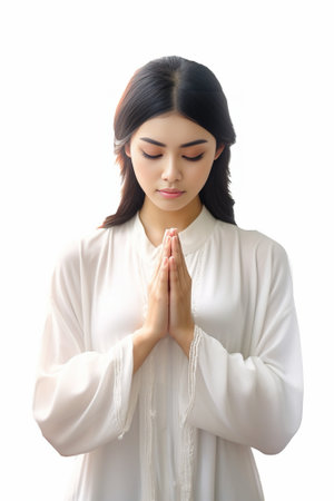 Praying concept Charming young woman asks for help believes dreams come true beggs for apology has huge desire looks upwards isolated over white background with copy spac : Generative AIの素材