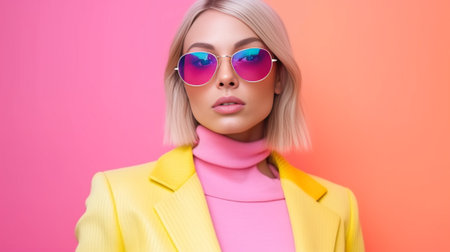 Stylish female model in pink sunglasses and t shirt with rainbow print makes grimace curves lips and shows her pony tails poses against studio background People beauty li : Generative AIの素材