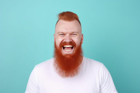 Pleased cheerful redhaired male with pleasant smile giggles joyfully spends free time with girlfriend being in high spirit shows white teeth happy to have romantic relati : Generative AIの素材