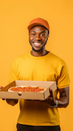 Pizza delivery concept Handsome courier holds cardboard boxes with pizza suggests taste delicious fast food wears hat and t shirt carries rucksack poses over yellow backg : Generative AIの素材