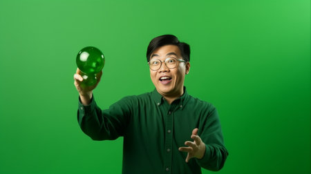 Shocked man holds sport bottle and gym mat drinks water for staying hydrated wears glasses towel over neck enjoys personal training isolated on green background Athlete y : Generative AIの素材