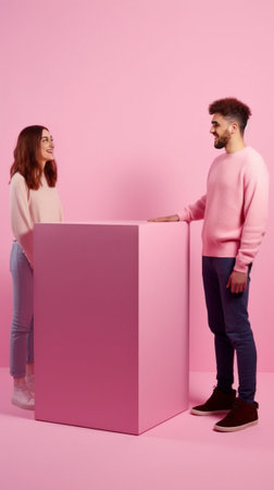 Studio shot of two embarrassed women of different race point at puzzled guy suggest to ask him this question as they do not know answer stand together against pink backgr : Generative AIの素材
