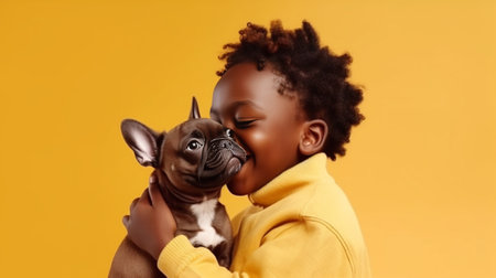 Pleased happy Afro girl gets lovely puppy plays and embraces four legged friend with love stands against yellow background wears knitted jumper Woman hugs Pomeranian spit : Generative AIの素材