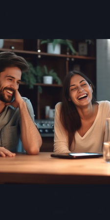 Portrait of cheerful female has talk on mobile phone works together with her male colleague who studies financial documents attentively speak on business themes Working a : Generative AIの素材