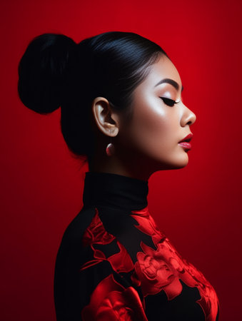 Vertical shot of thoughtful displeased Asian woman with dark hair keeps arms crossed turns away being dissatisfied with something wears turtleneck and black trousers stan : Generative AIの素材