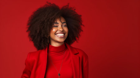 Positive carefree woman with curly bushy hair covers eyes with arm dressed in turtleneck and leather jacket feels joy isolated over red background feels very happy Positi : Generative AIの素材