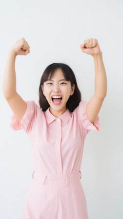 Strong powerful Asian woman with dark combed hair toothy smile raises arms and shows biceps has piercing in ear wears casual rosy t shirt models against pink background L : Generative AIの素材
