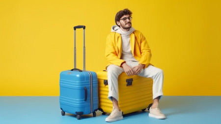 Pleased male passenger dreams about awesome trip abroad holds passport with flying tickets stands with eyes shut wears sleep mask and neck pillow for comfort travel isola : Generative AIの素材