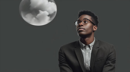 Problem solving and brainstorming concept Headshot of focused pensive young darkskinned manager with Afro hairstyle pursuing lips having concentrated look deep in thought : Generative AIの素材