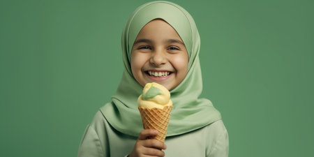 Summer is here Lovely pleased woman stands with closed eyes folded lips holds two delicious ice creams wears yellow dressing gown with flower print and towel wrapped on h : Generative AIの素材