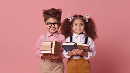 Uncertain clueless schoolboy and schoolgirl look with indignation carry book and notepad dont know how to prepare project on school subject wear spectacles for good visio : Generative AIの素材
