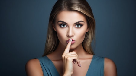 Tss be quiet Serious beautiful young girl asks be calm and make any noise keeps fore finger on lips tells secret to best friend stands against white background People and : Generative AIの素材